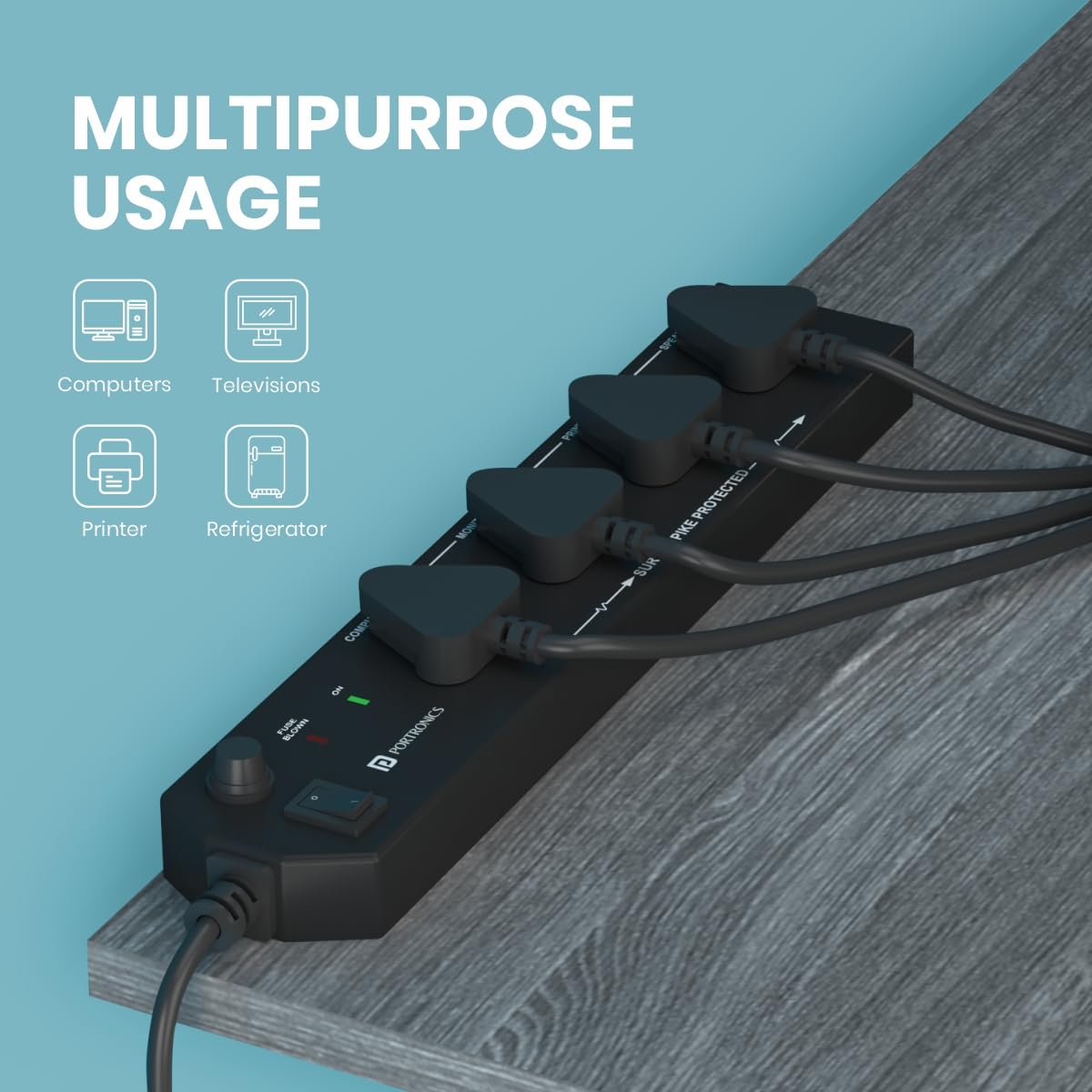 Power Plate 10 Extension Board with 4 Universal Sockets, 2 Meter Long Cord, 1500 Watts, 6 Amp Multi Plug for Office & Home Appliances (Black)