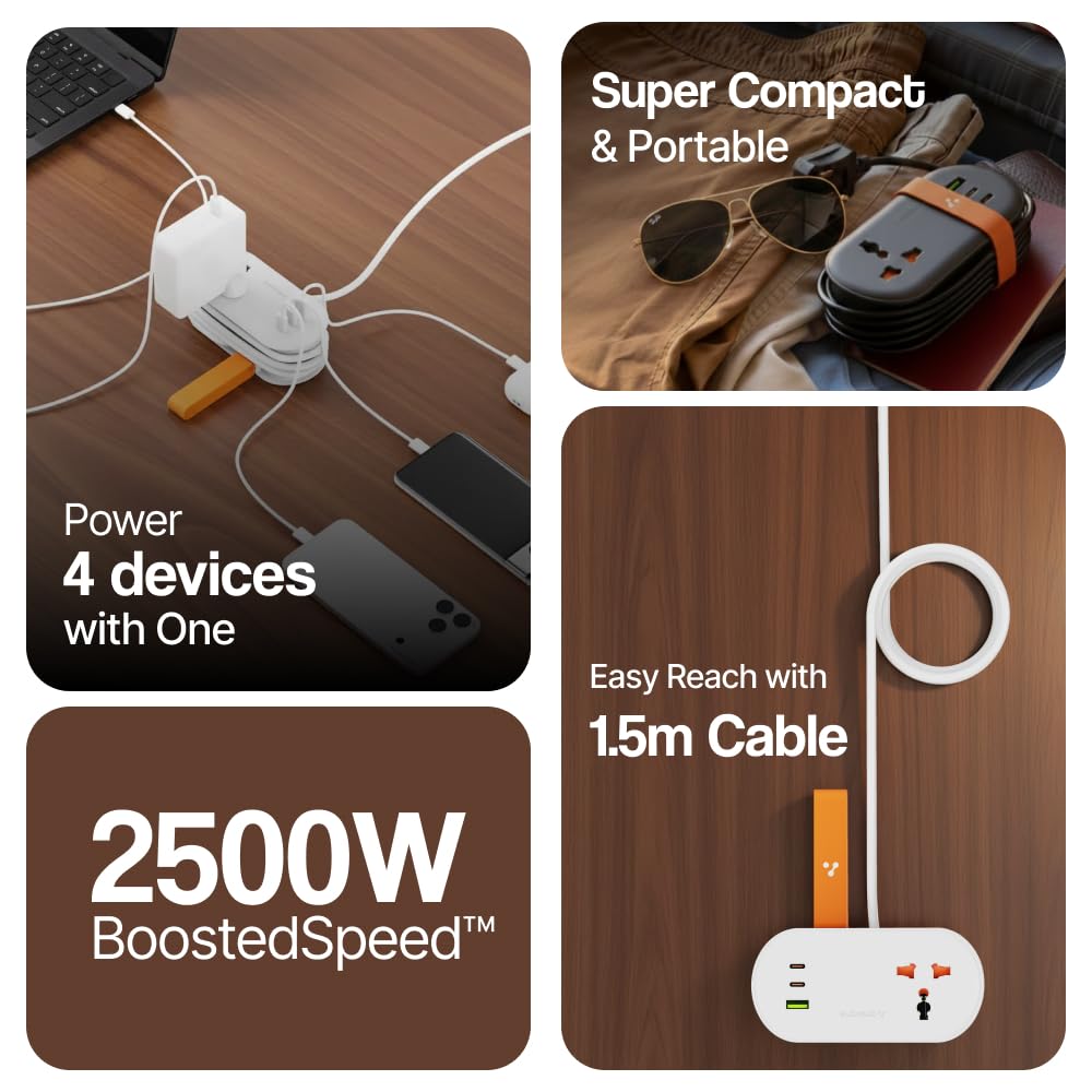 Foldable Extension Board, 2 Type C & USB, Perfect for Office, Kitchen, Travels, Charge 4 Devices, Compact Size, AC Socket 2500W, 20W Fast Type C Charging, 1.5m Long Cable (Smartstrip 3 Black)