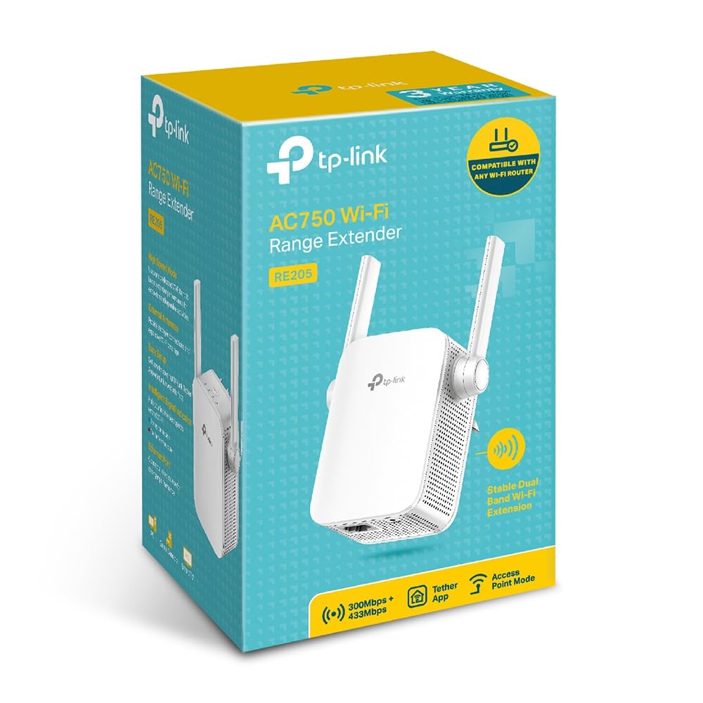 RE205 AC750 Universal Wireless Dual Band Range Extender, Broadband/Wi-Fi Extender, WiFi Booster/Hotspot with Ethernet Port, 2 External Antennas, Plug and Play, Smart Signal Indicator, 750Mbps