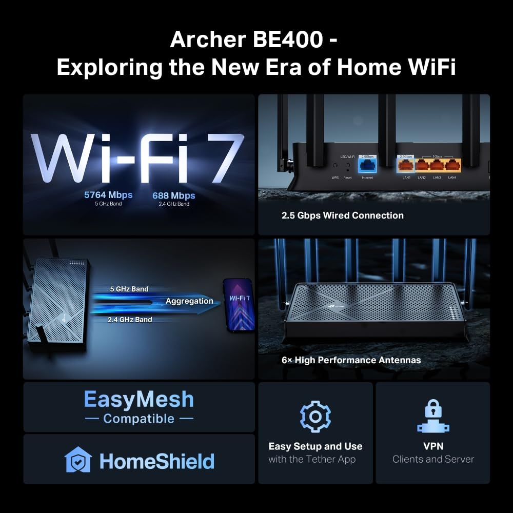 Archer BE400 Dual-Band BE6500 WiFi 7 Router | 4K/8K Streaming 6.5 Gbps | 1× 2.5 Gbps WAN/LAN + 3× 1 Gbps LAN Ports + 1× USB 3.0 | 6 Antennas | Compatible with Alexa and Google Assistant