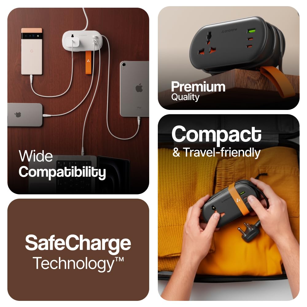 Foldable Extension Board, 2 Type C & USB, Perfect for Office, Kitchen, Travels, Charge 4 Devices, Compact Size, AC Socket 2500W, 20W Fast Type C Charging, 1.5m Long Cable (Smartstrip 3 Black)