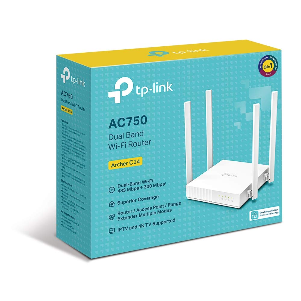 Archer C24 AC750 Mbps Dual-Band, WiFi Wireless Router | Multi Mode | 4 Antennas | Ipv6 Supported | Parental Controls | Guest Network | Smooth HD Streaming, White