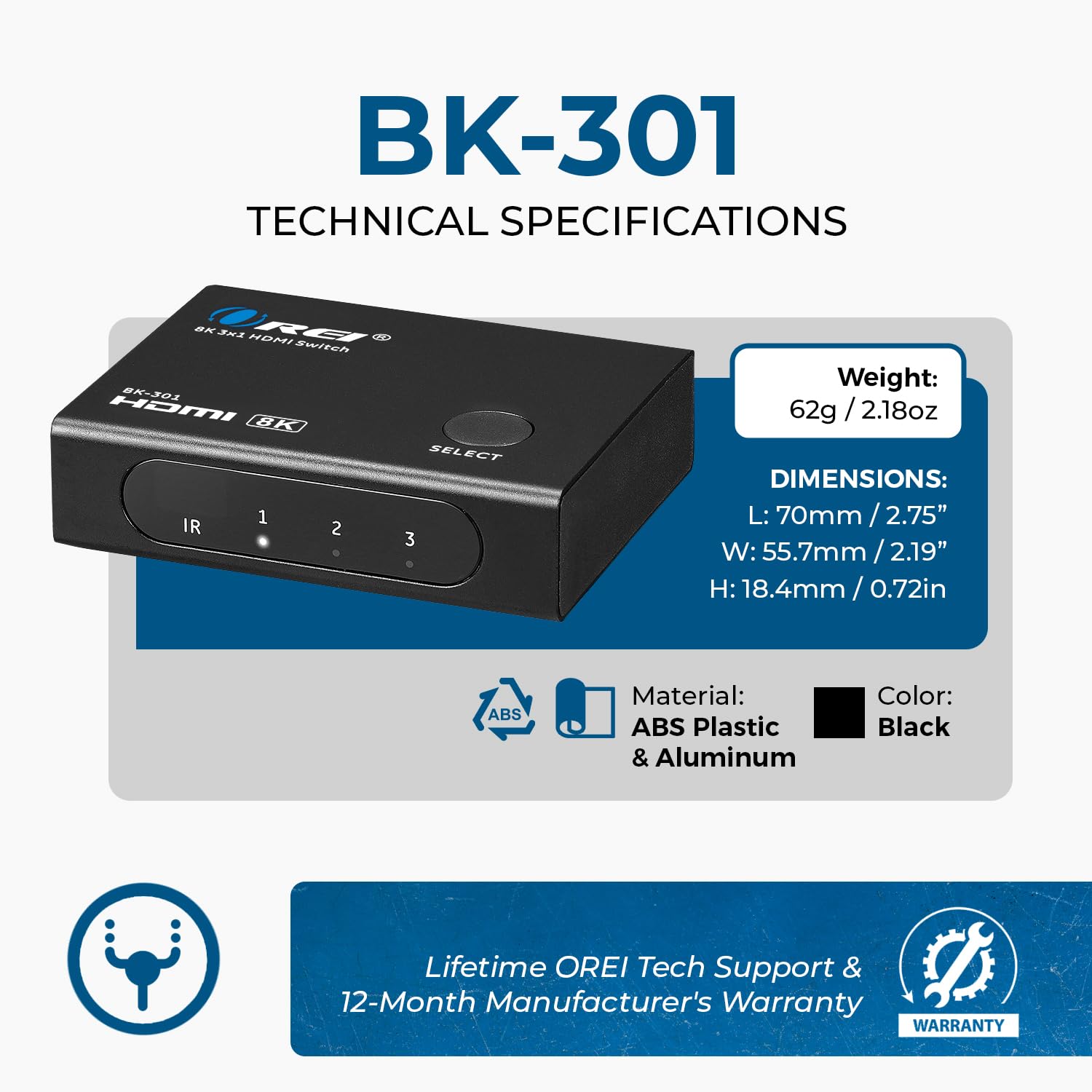 HDMI Switch 4K@120hz 3x1 8K - Remote Control HDMI Selector 48Gbps High Resolution Switch Between 3 inputs Perfect for Games, PS5, Xbox, HDR10, Dolby Vision (BK-301)