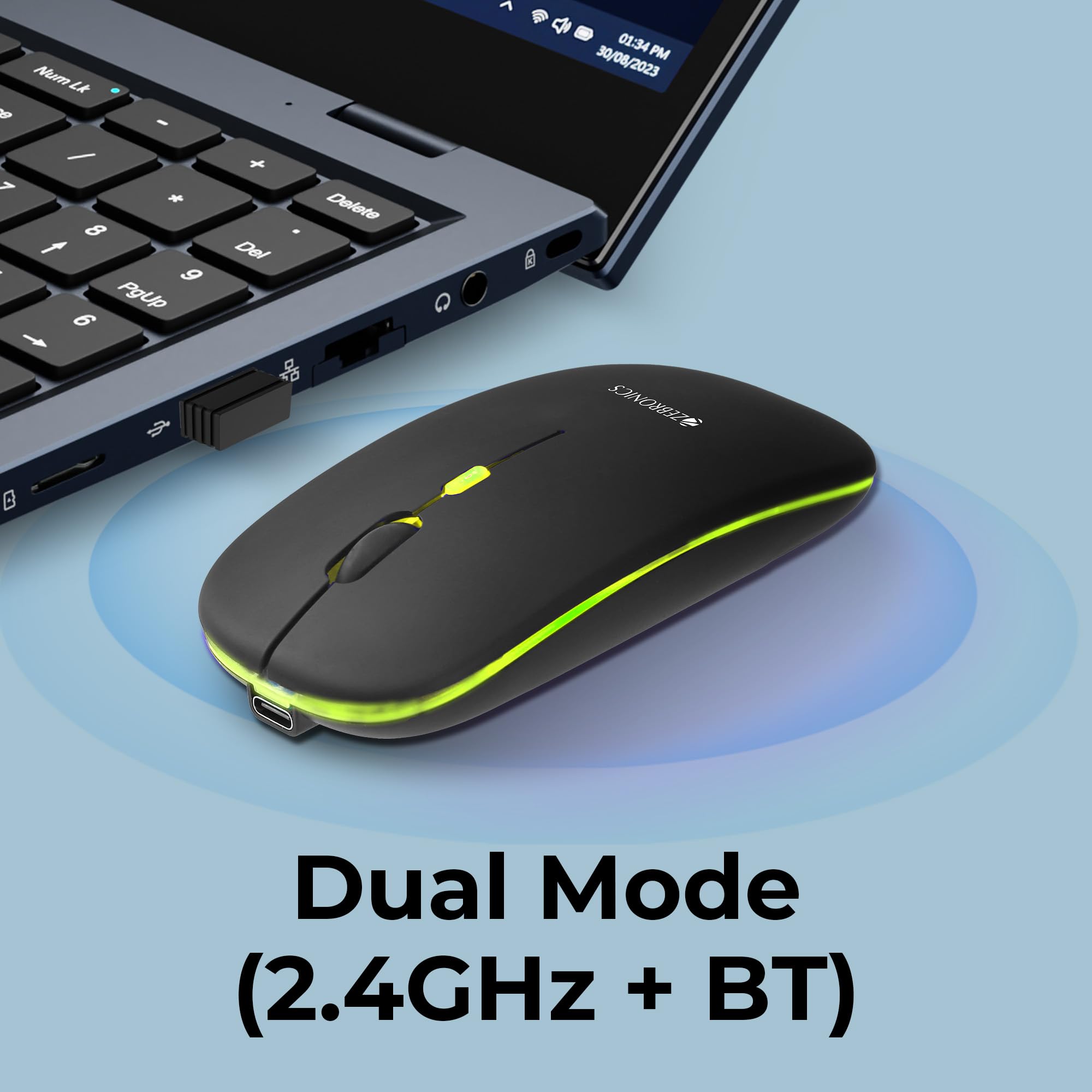 Blanc Slim Wireless Mouse with Rechargeable Battery, BT + 2.4GHz, 4 Buttons, 800/1200/1600 DPI, Silent Operation, Multicolor LED Lights