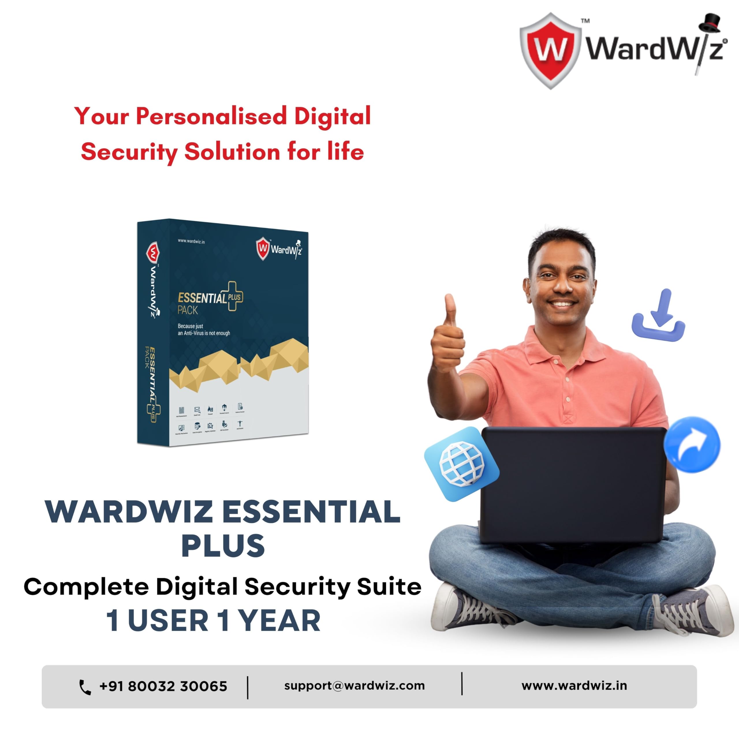 WardWiz Essential Plus Cyber Security for Windows (Email/Virtual Delivery in 1 Hour) | 1 User | 1 Year | Full Digital Security Suite | Firewall | Browser Security | Parental Control | Optimize System | Antivirus | Validity 1 year