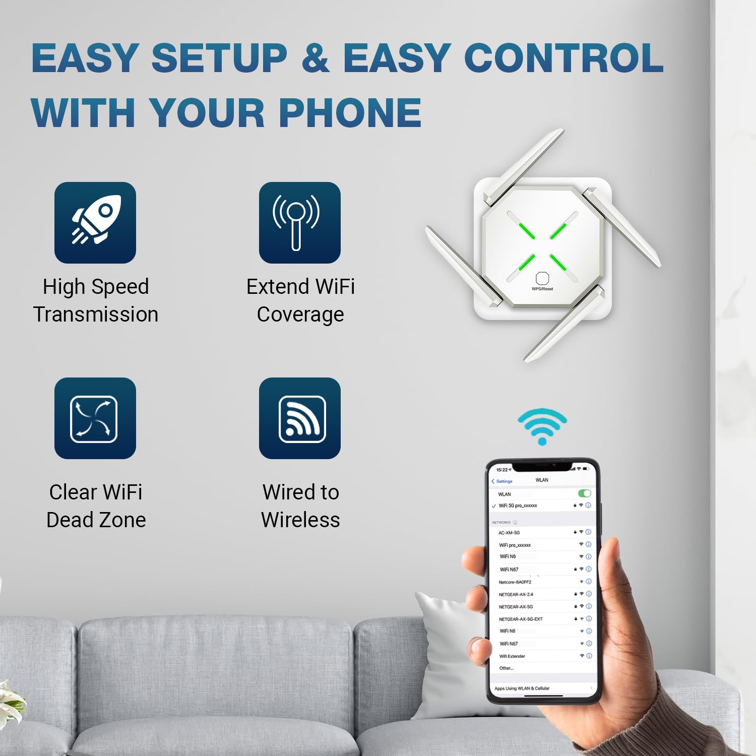 Dual Band 1200Mbps WiFi Range Extender | 5GHz Signal Booster with 4 Antennas | Covers Large Homes | Supports 20 Devices | LAN Port & Access Point | Quick Easy Setup