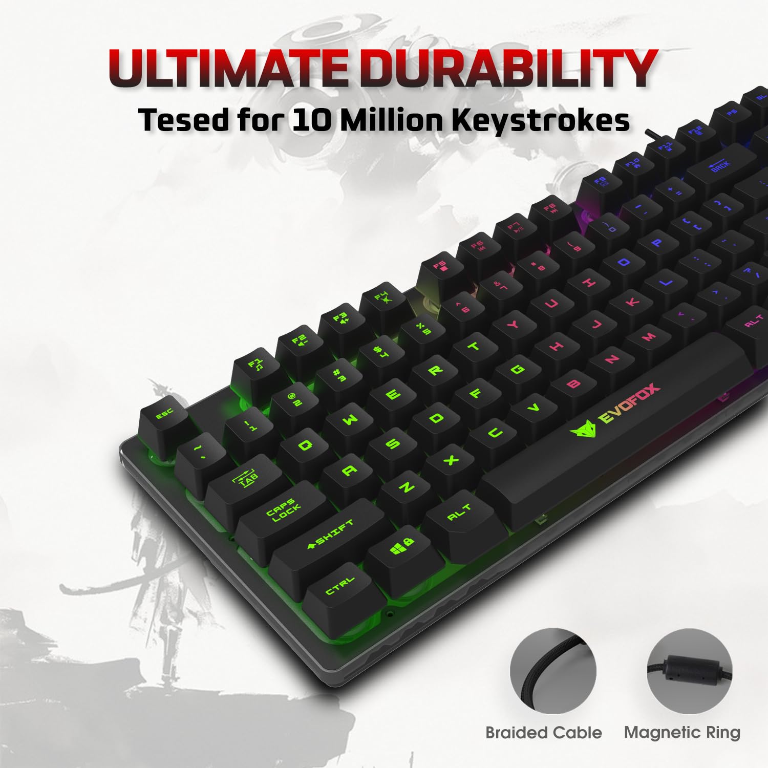 Fireblade TKL Semi-Mechanical Gaming Keyboard with Rainbow Backlit& Breathing Effect, Floating Keycaps, 19 Anti-Ghosting & 12 Multimedia Keys, Windows Lock Key, Braided Cable (Black)