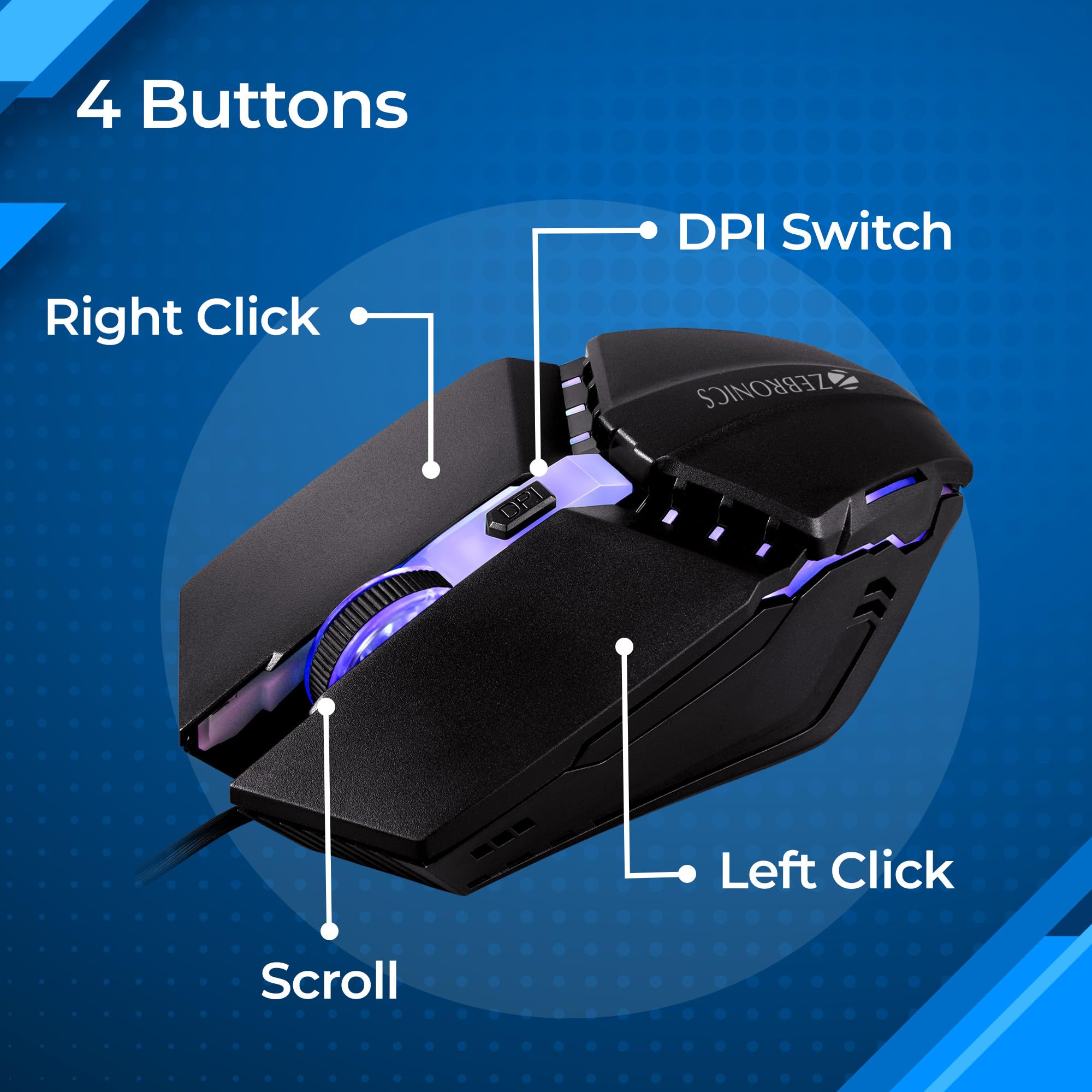 PHERO Wired Gaming Mouse with up to 1600 DPI, Rainbow LED Lights, DPI Switch, High Precision, Plug & Play, 4 Buttons