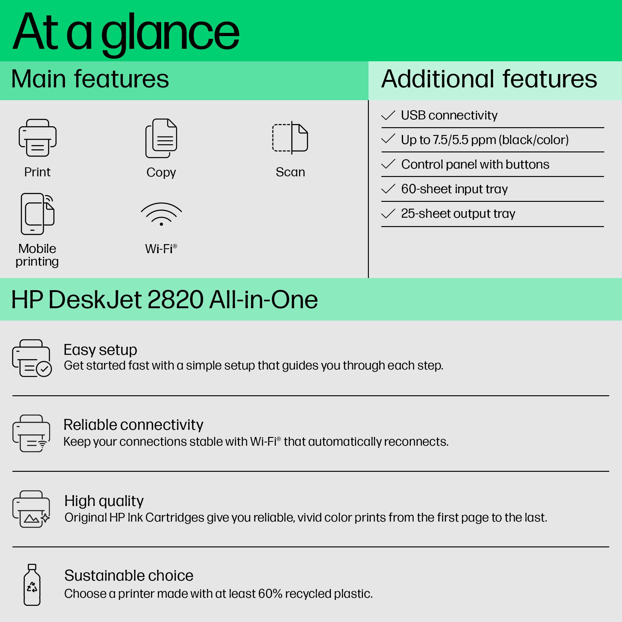HP Deskjet 2820 WiFi Colour Printer - Print/Scan/Copy Ideal for Home