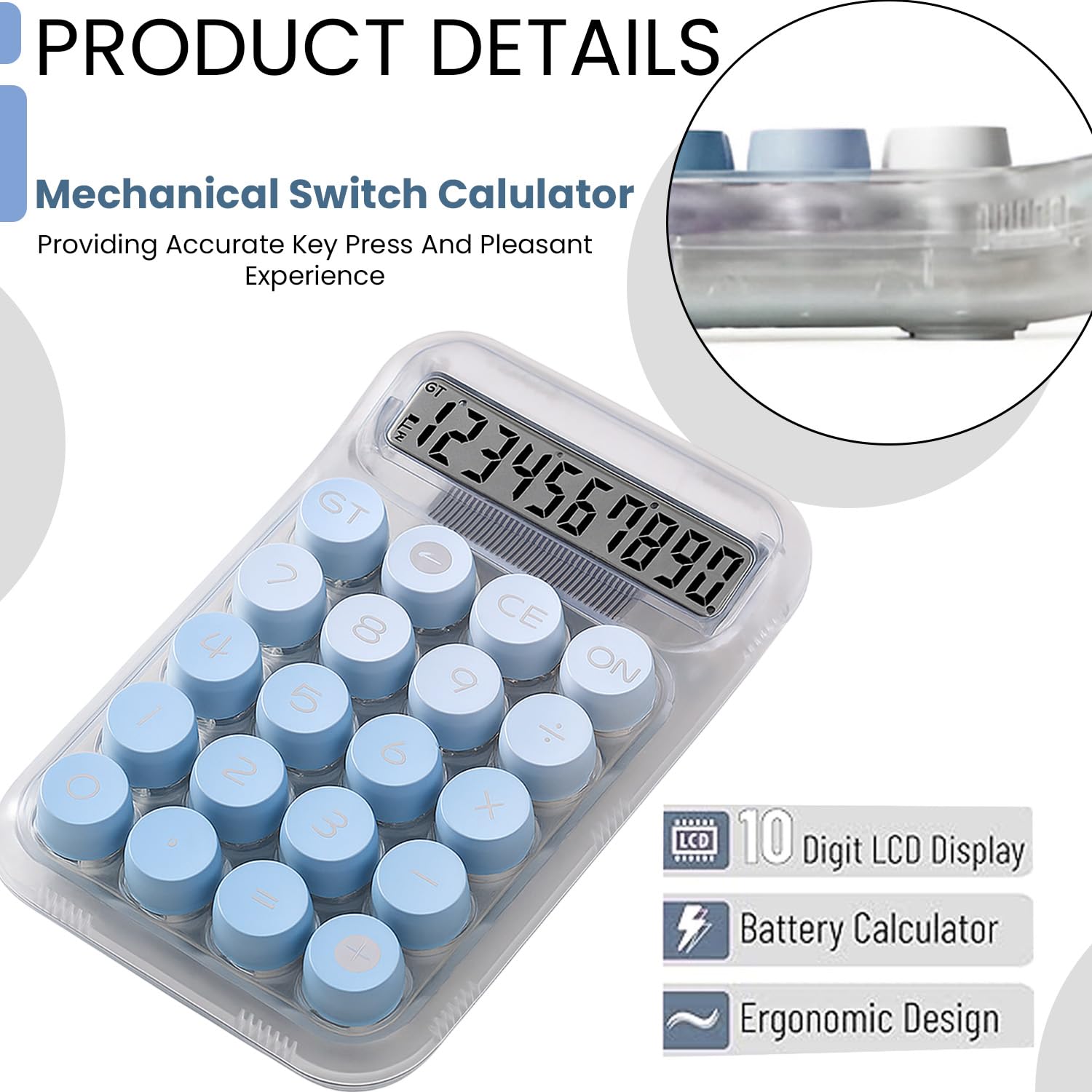 10-Digit Transparent Sugar Cube Calculator Office Supplies Scientific Computer Student Dedicated Accounting Calculator (Blue)