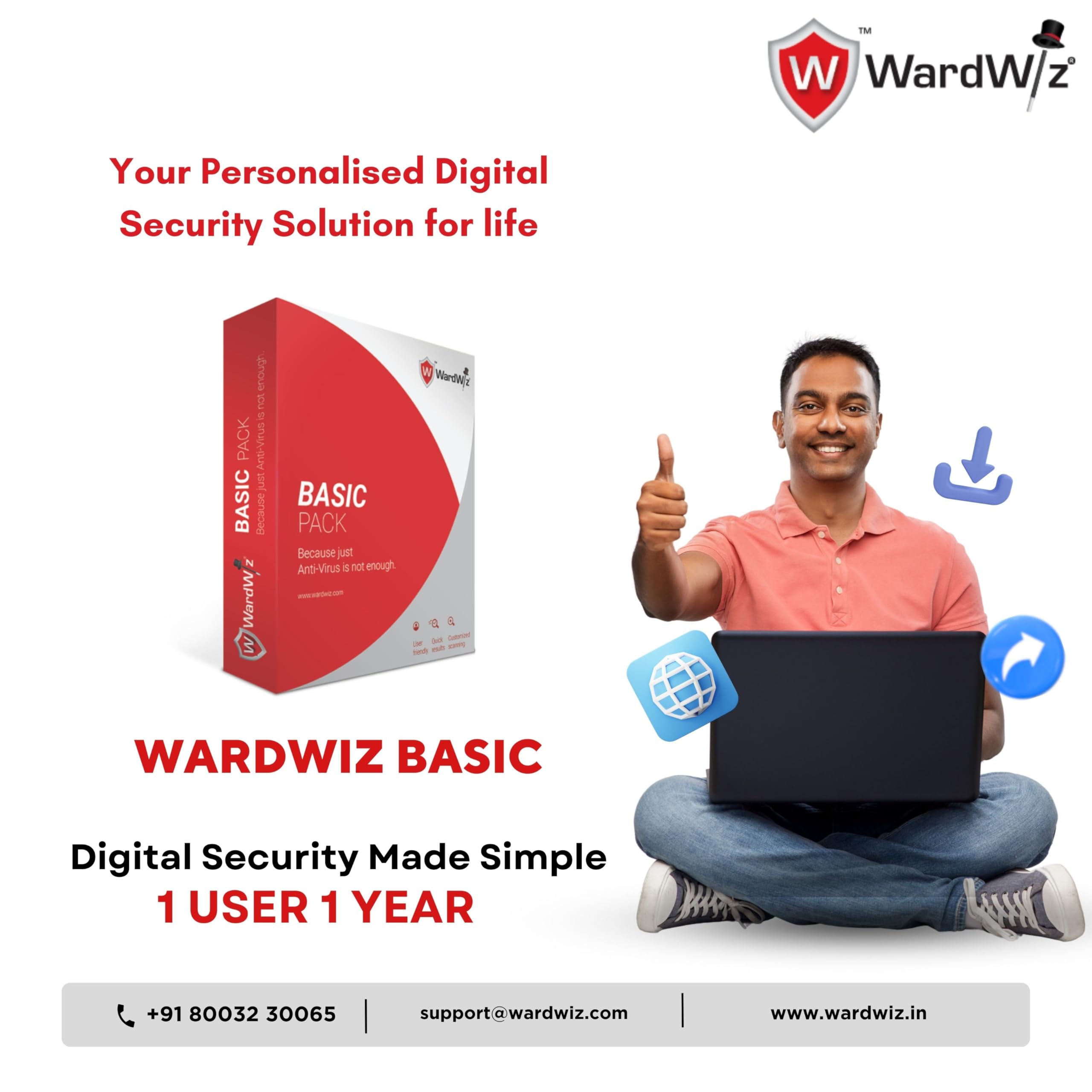 Wardwiz Basic Cyber security for Windows (Email/Virtual Delivery in 1 Hour) | 1 User | 1 Year | Everyday Digital Security | Real-Time Protection, Anti-Ransomware | Protects Against Data Theft | Antivirus | Valid for 1 Year