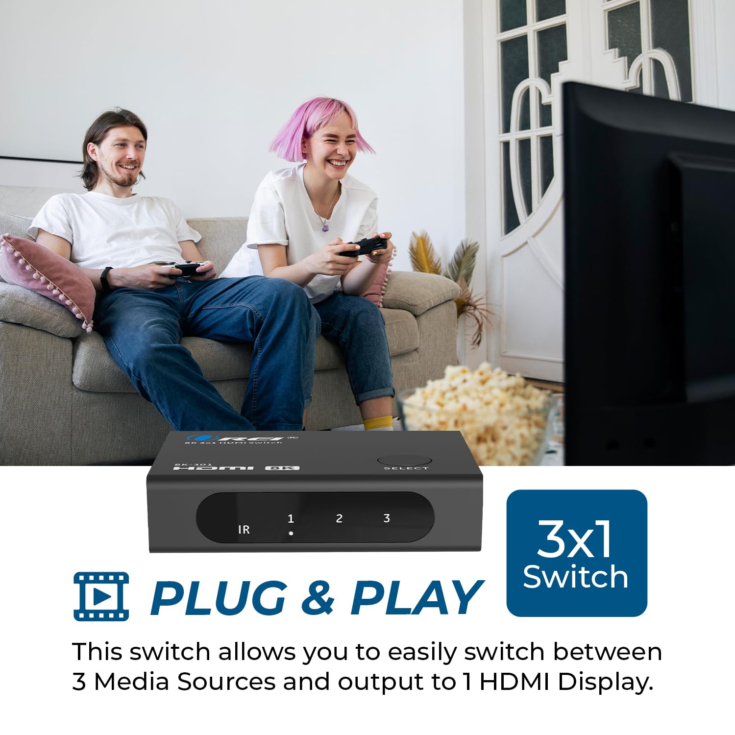 HDMI Switch 4K@120hz 3x1 8K - Remote Control HDMI Selector 48Gbps High Resolution Switch Between 3 inputs Perfect for Games, PS5, Xbox, HDR10, Dolby Vision (BK-301)