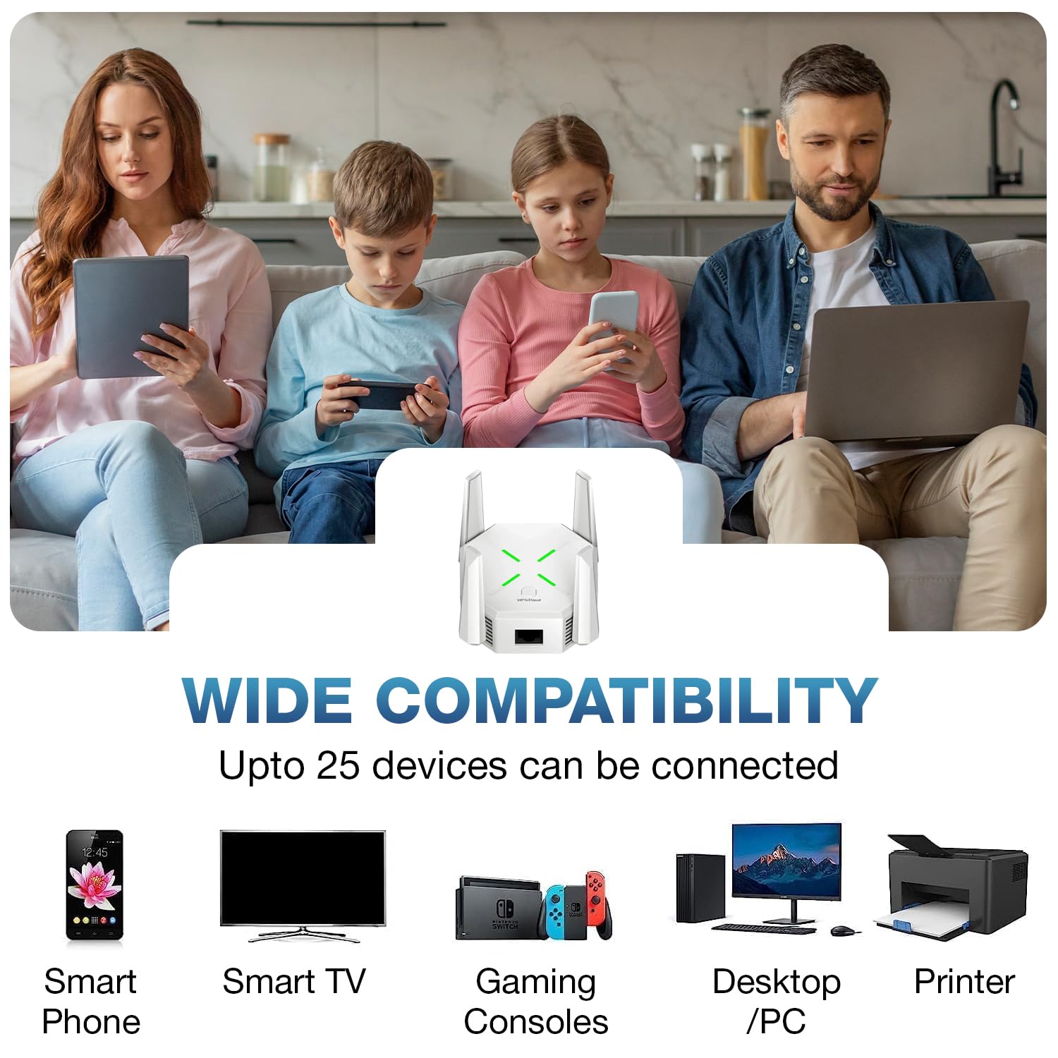 Dual Band 1200Mbps WiFi Range Extender | 5GHz Signal Booster with 4 Antennas | Covers Large Homes | Supports 20 Devices | LAN Port & Access Point | Quick Easy Setup
