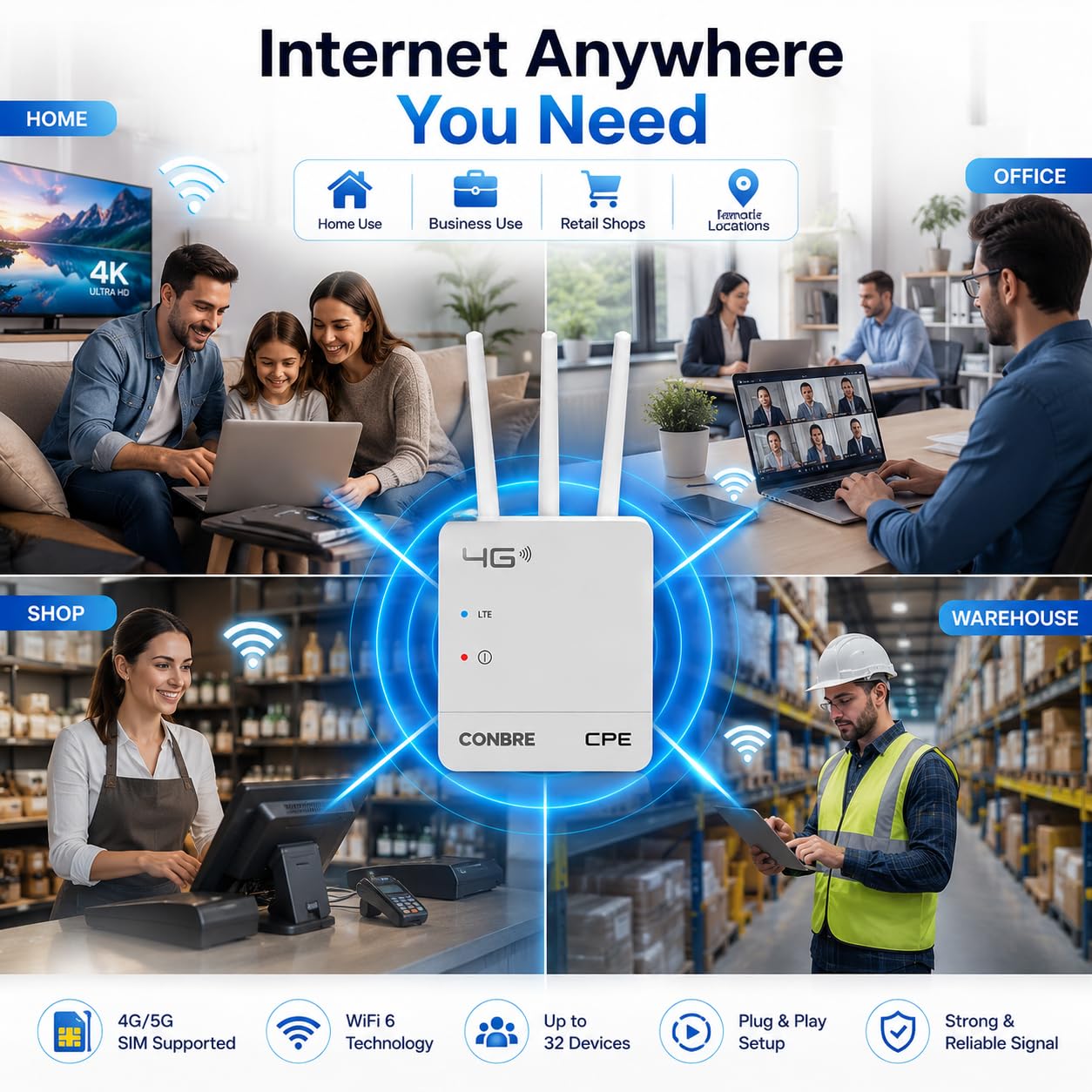 CPE MT-300H 4G SIM WiFi Router, WiFi 6, Supports All 4G & 5G SIM Cards, Plug & Play, Single LAN Port, Compatible with CCTV Camera, NVR, DVR, Home & Office