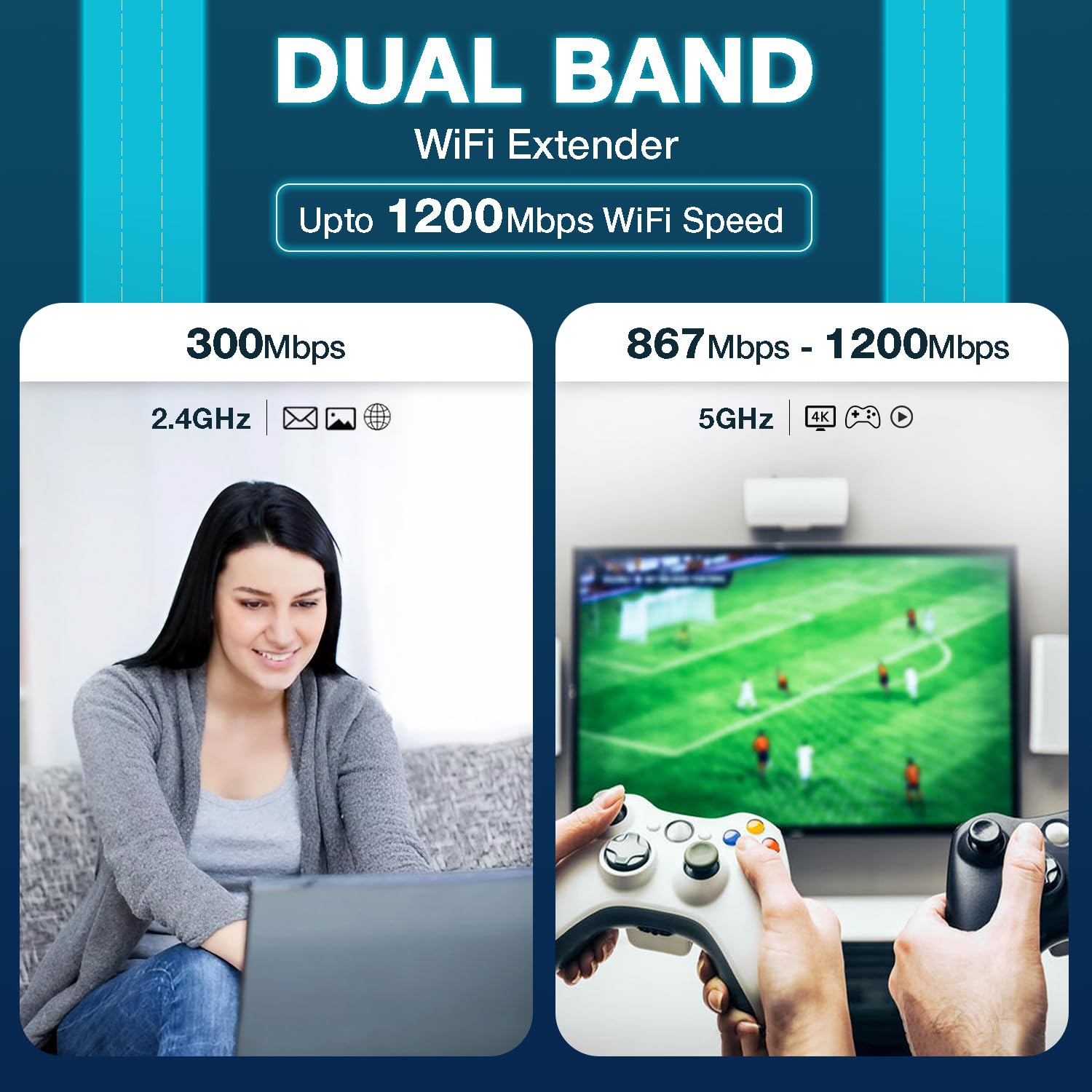 Dual Band 1200Mbps WiFi Range Extender | 5GHz Signal Booster with 4 Antennas | Covers Large Homes | Supports 20 Devices | LAN Port & Access Point | Quick Easy Setup