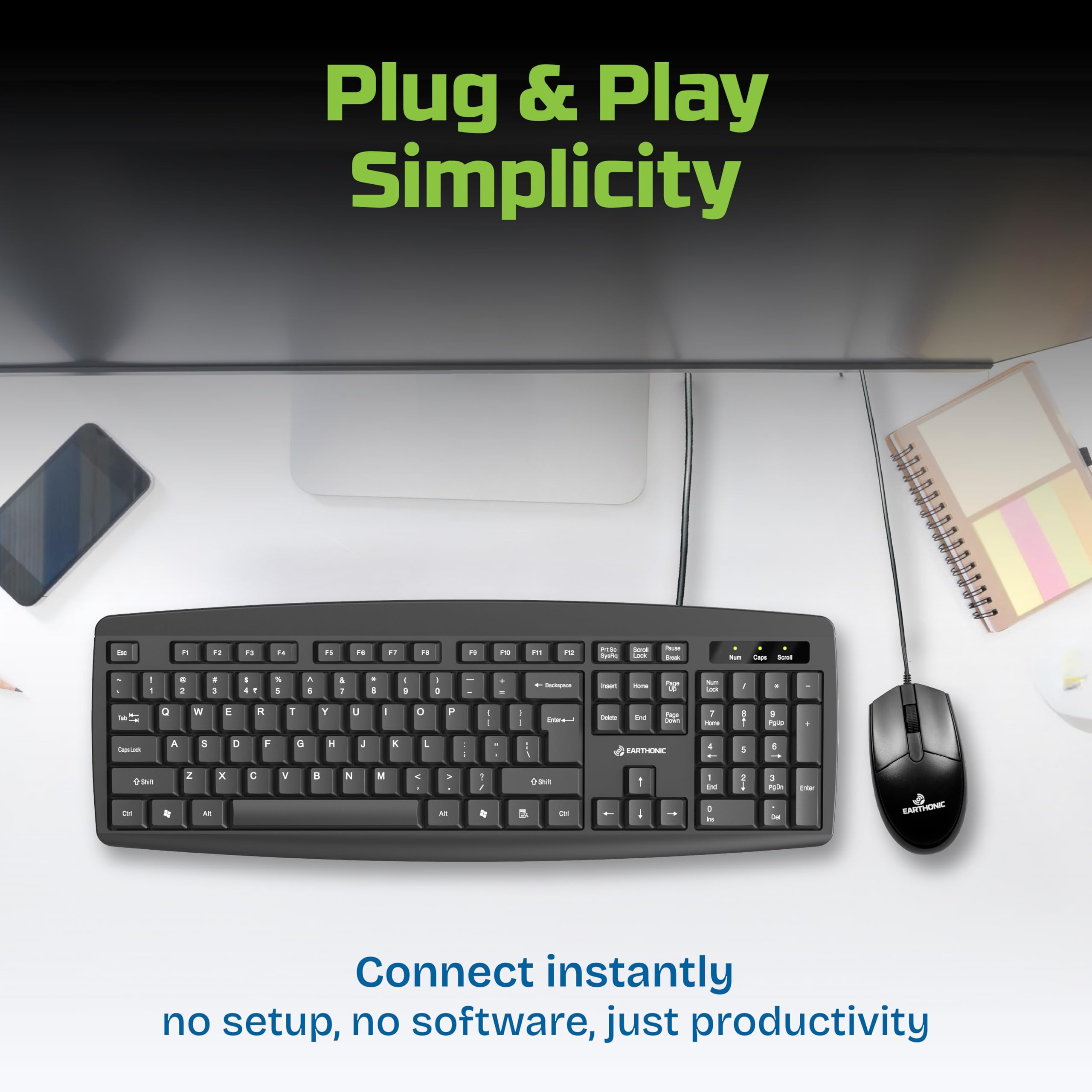 WKM-100-E Wired Keyboard & Mouse Combo, USB Plug & Play Setup, Comfortable Design, Adjustable Keyboard Stand, 1.5 M Cable Length for Windows, Mac OS Computer