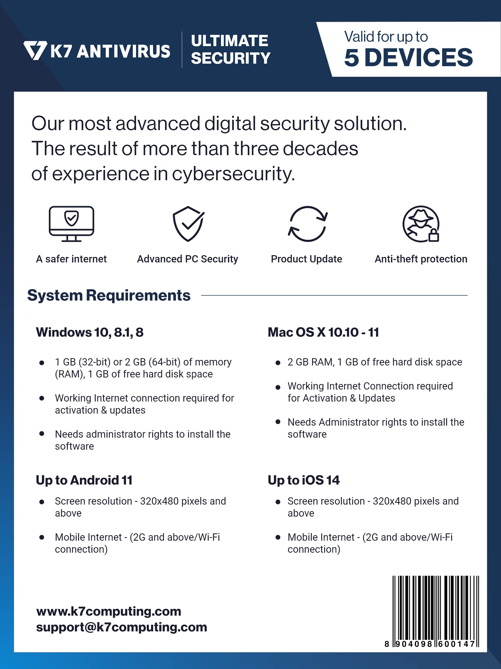 K7 Ultimate Security Antivirus Software 2026 |5 Devices, 1 Year|Threat Protection,Internet Security,Data Backup,Mobile Protection|Windows laptop,PC, Mac®,Phones,Tablets|2hr Email Delivery