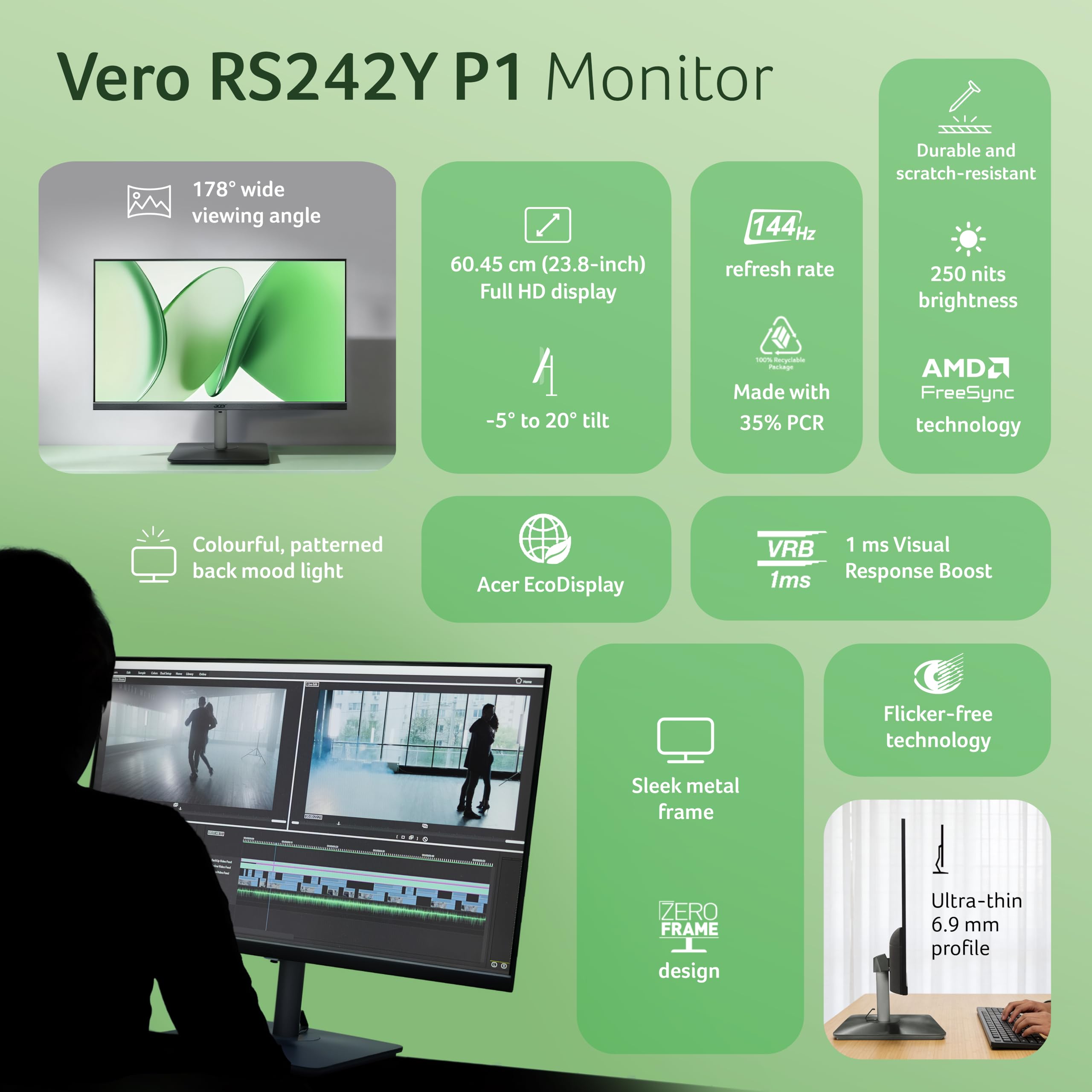 RS242Y P1 23.8 Inch IPS FHD Monitor | 144Hz Refresh | 1ms VRB | AMD FreeSync | Ultra Slim 6.9mm ZeroFrame Design | HDMI + VGA | 99% sRGB | Dual Glass Design | Built-in Speakers | Tilt Adjustable