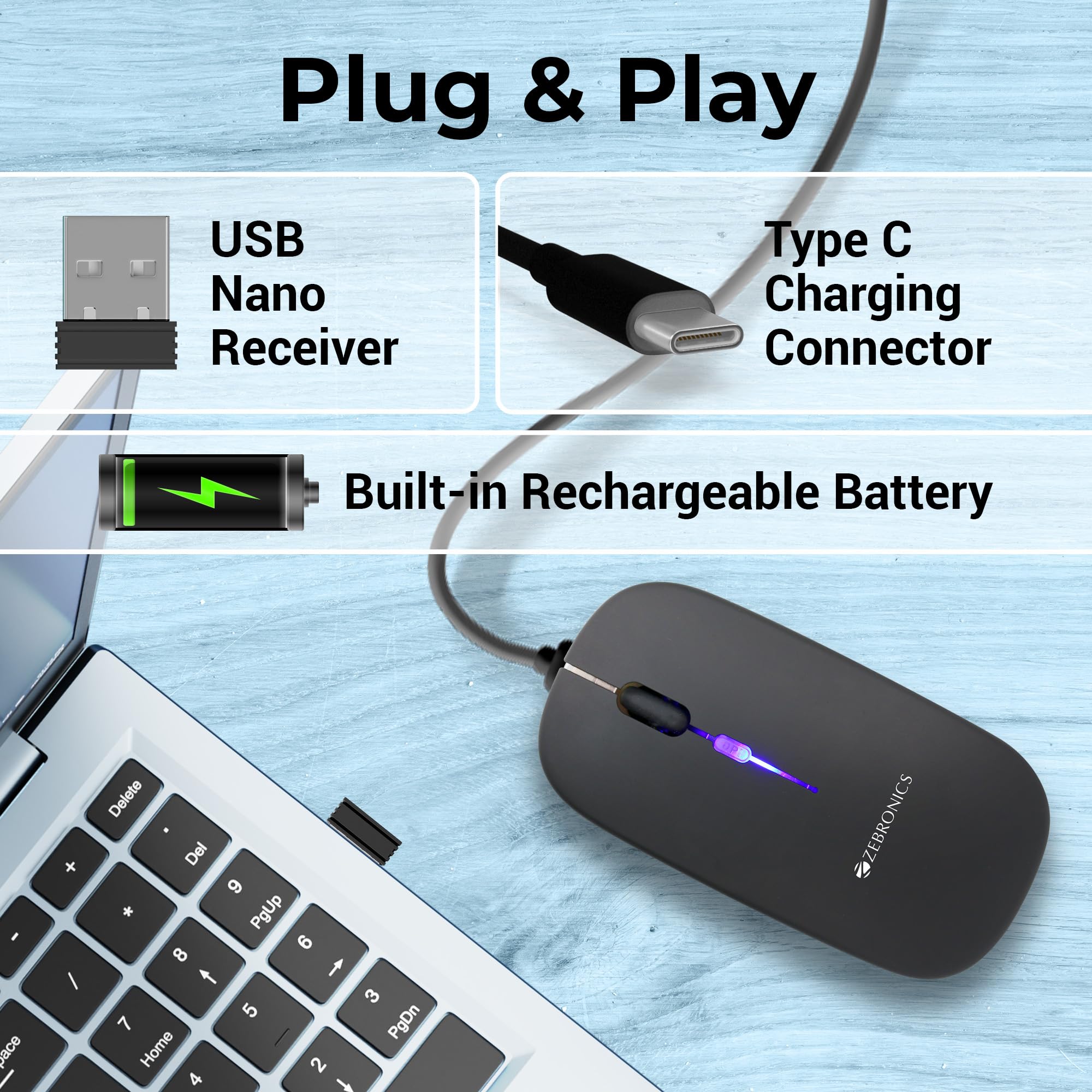 Blanc Slim Wireless Mouse with Rechargeable Battery, BT + 2.4GHz, 4 Buttons, 800/1200/1600 DPI, Silent Operation, Multicolor LED Lights